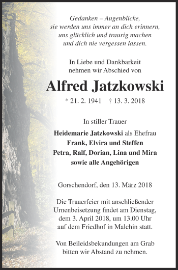 Traueranzeige von Alfred Jatzkowski von Mecklenburger Schweiz