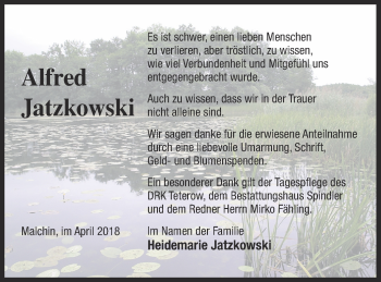 Traueranzeige von Alfred Jatzkowski von Mecklenburger Schweiz