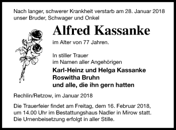 Traueranzeige von Alfred Kassanke von Müritz-Zeitung