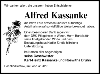 Traueranzeige von Alfred Kassanke von Müritz-Zeitung