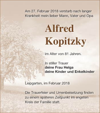 Traueranzeige von Alfred Kopitzky von Haff-Zeitung