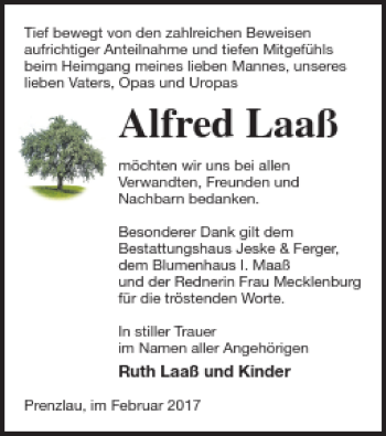 Traueranzeige von Alfred Laaß von Prenzlauer Zeitung