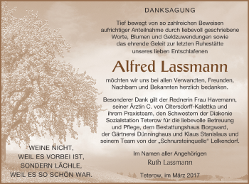 Traueranzeige von Alfred Lassmann von Mecklenburger Schweiz