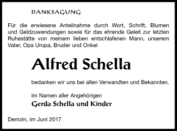 Traueranzeige von Alfred Schella von Mecklenburger Schweiz