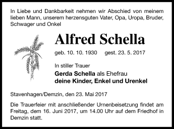 Traueranzeige von Alfred Schella von Mecklenburger Schweiz