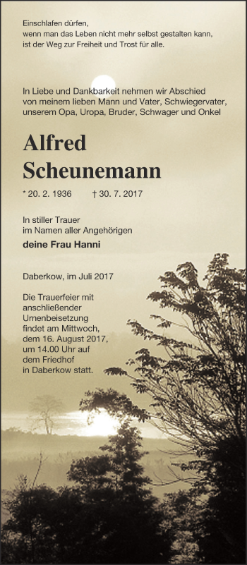 Traueranzeige von Alfred Scheunemann von Vorpommern Kurier