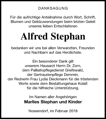 Traueranzeige von Alfred Stephan von Demminer Zeitung