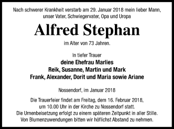 Traueranzeige von Alfred Stephan von Demminer Zeitung