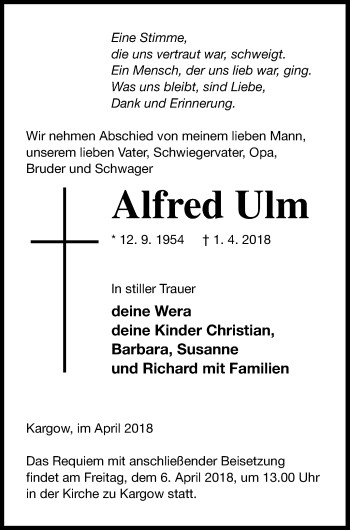 Traueranzeige von Alfred Ulm von Müritz-Zeitung