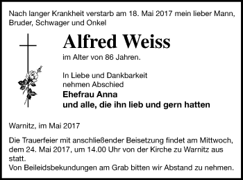 Traueranzeige von Alfred Weiss von Prenzlauer Zeitung