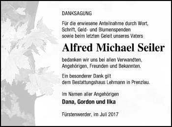 Traueranzeige von Alfred Michael Seiler von Prenzlauer Zeitung