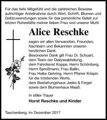 Traueranzeige von Alice Reschke von Prenzlauer Zeitung