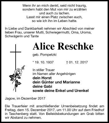 Traueranzeige von Alice Reschke von Prenzlauer Zeitung