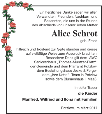 Traueranzeige von Alice Schrot von Prenzlauer Zeitung
