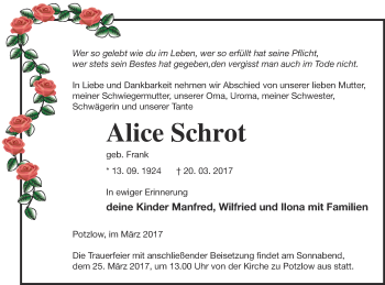 Traueranzeige von Alice Schrot von Prenzlauer Zeitung