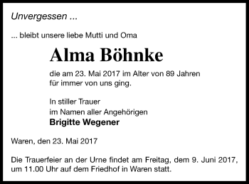 Traueranzeige von Alma Böhnke von Müritz-Zeitung