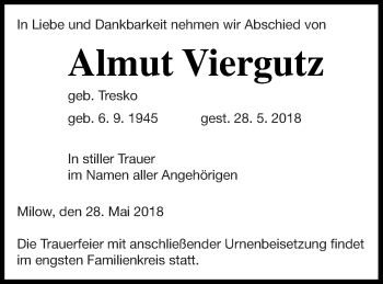 Traueranzeige von Almut Viergutz von Prenzlauer Zeitung