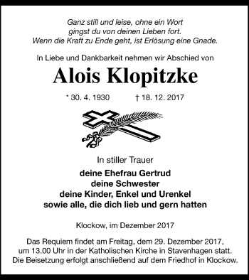 Traueranzeige von Alois Klopitzke von Neubrandenburger Zeitung