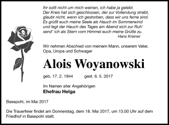 Traueranzeige von Alois Woyanowski von Mecklenburger Schweiz