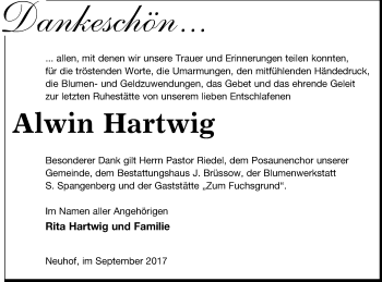 Traueranzeige von Alwin Hartwig von Pasewalker Zeitung