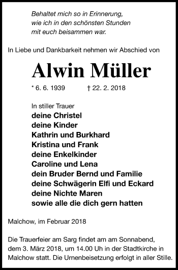 Traueranzeige von Alwin Müller von Müritz-Zeitung