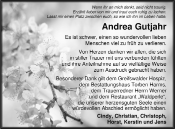 Traueranzeige von Andrea Gutjahr von Vorpommern Kurier