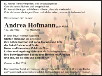 Traueranzeige von Andrea Hofmann von Strelitzer Zeitung