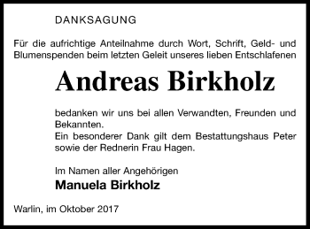 Traueranzeige von Andreas Birkholz von Neubrandenburger Zeitung