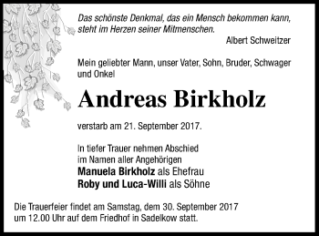 Traueranzeige von Andreas Birkholz von Neubrandenburger Zeitung