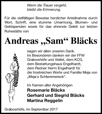 Traueranzeige von Andreas  Bläcks von Müritz-Zeitung