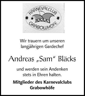 Traueranzeige von Andreas  Bläcks von Müritz-Zeitung