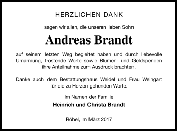 Traueranzeige von Andreas Brandt von Müritz-Zeitung