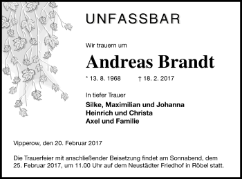 Traueranzeige von Andreas Brandt von Müritz-Zeitung