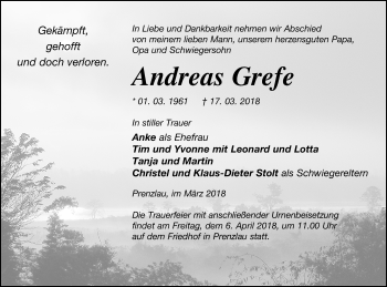 Traueranzeige von Andreas Grefe von Prenzlauer Zeitung