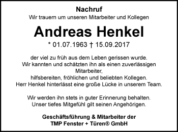 Traueranzeige von Andreas Henkel von Demminer Zeitung