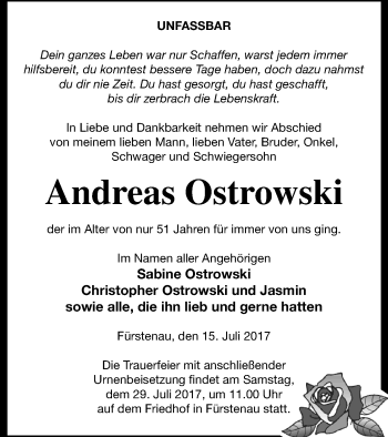 Traueranzeige von Andreas Ostrowski von Templiner Zeitung