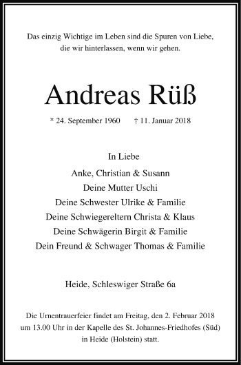 Traueranzeige von Andreas Rüß von Mecklenburger Schweiz