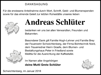 Traueranzeige von Andreas Schlüter von Neubrandenburger Zeitung