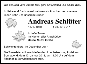 Traueranzeige von Andreas Schlüter von Neubrandenburger Zeitung