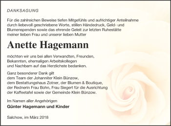 Traueranzeige von Anette Hagemann von Vorpommern Kurier