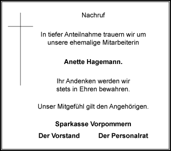 Traueranzeige von Anette Hagemann von Vorpommern Kurier