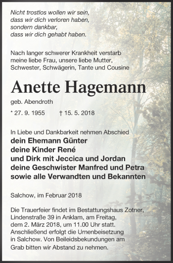 Traueranzeige von Anette Hagemann von Vorpommern Kurier