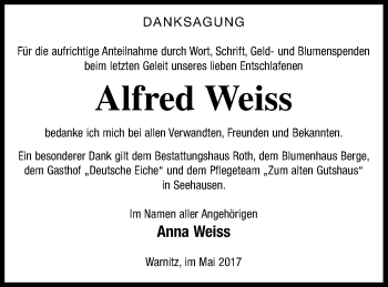 Traueranzeige von Anfred Weiss von Prenzlauer Zeitung