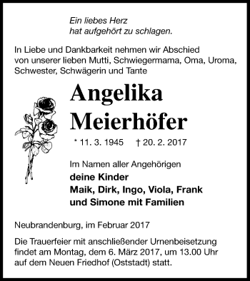 Traueranzeige von Angelika Meierhöfer von Neubrandenburger Zeitung