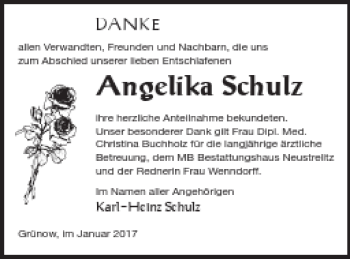 Traueranzeige von Angelika Schulz von Strelitzer Zeitung