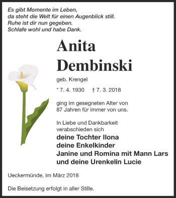 Traueranzeige von Anita Dembinski von Haff-Zeitung