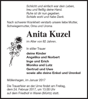 Traueranzeige von Anita Kuzel von Müritz-Zeitung