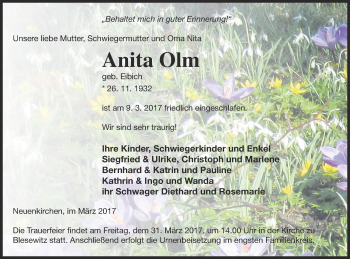 Traueranzeige von Anita Olm von Vorpommern Kurier