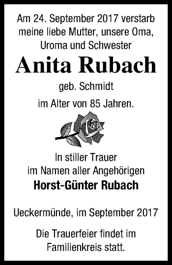 Traueranzeige von Anita Rubach von Haff-Zeitung
