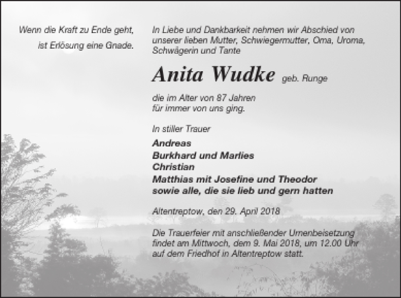  Traueranzeige für Anita Wudke vom 04.05.2018 aus Neubrandenburger Zeitung